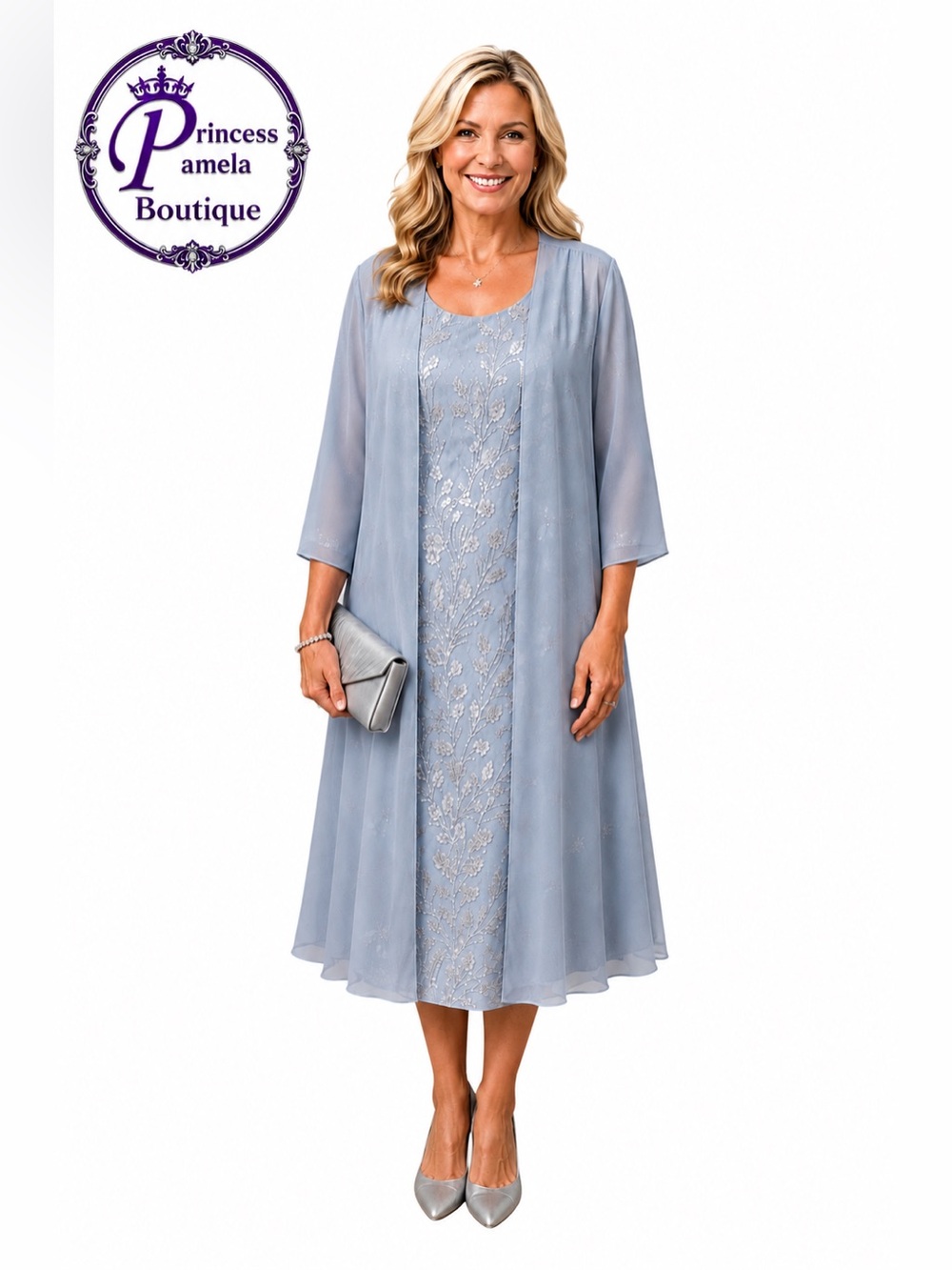 #2-15 Slate Blue two-piece sheer chiffon jacket midi sequin dress-1X/Size